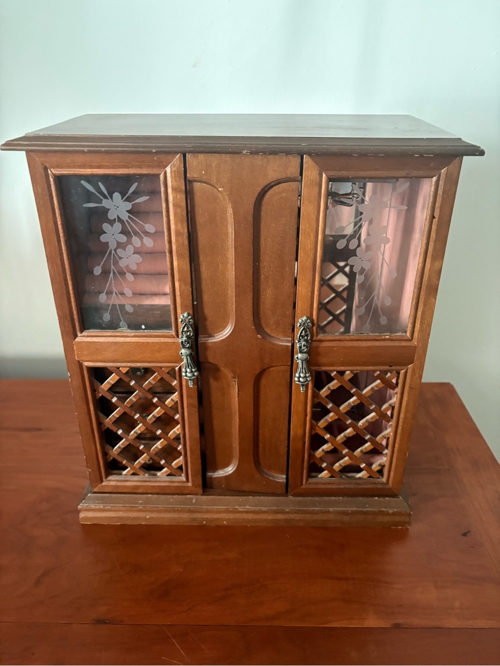 Wood Jewelry Armoire Box Etched Glass Doors Mirror